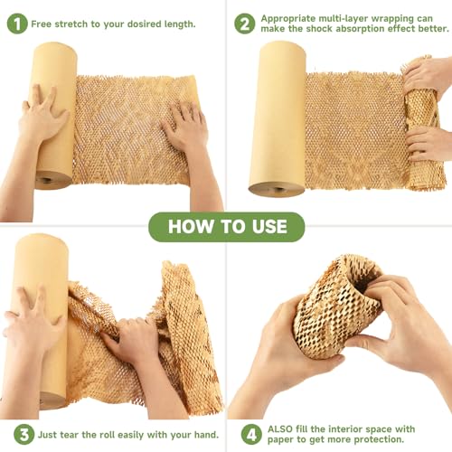 Honeycomb Packing Paper Wrap 15''x20520" (1710 ft), Substitute Alternative for Bubble Cushioning Wrap for Moving Shipping Packaging, Recyclable Moving Supplies with 48 Fragile Sticker Labels - size: 15''x1710'