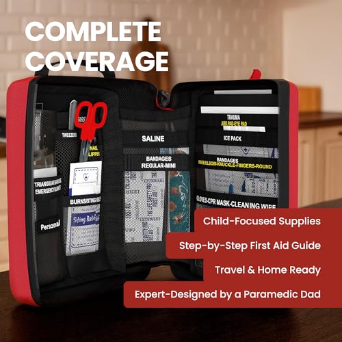 Portable First Aid Kit for Kids with CPR Shield - Ideal for Home, Car, School, Camping, and as a Travel First aid kit. Latex-Free Bandages – Children First Aid Guide by The Life Safety Pro - size: Medium