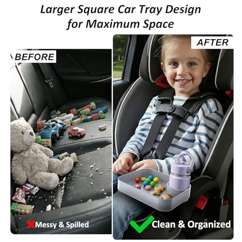Car Seat Snack Tray for Kids, Mess-Free Square Travel Tray Cup Holder Snack Tray, Durable Car Food Tray for Toddlers, Universal Fit Kids Travel Road Trip Essentials (1, Grey) - color: grey