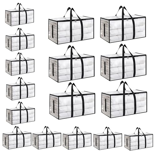 16 Pack-Extra Large Heavy Duty Moving Bags - Waterproof Storage Totes with Handles & Zippers, Foldable for College Dorm, Storage (Clear) - color: Clear, size: 16