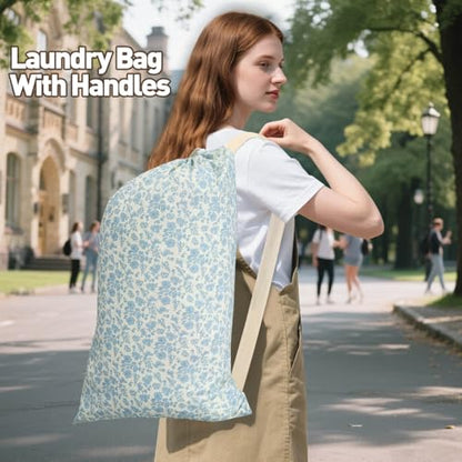 Laundry Bag, Dirty Backpack Laundry Bag For College Travel Laundromat Apartment, With Handles 29" X 18" (Blue Florals) - color: Blue Florals