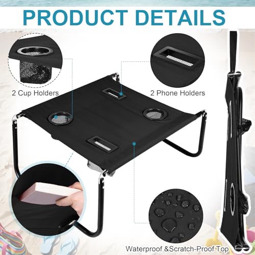 Portable Beach Table Foldable Camping Picnic Table with Cup Holder and Phone Pockets Lightweight Stable for Tailgate Travel Fishing Hiking and Outdoor Adventures(Black,Solid Pattern) - color: Black