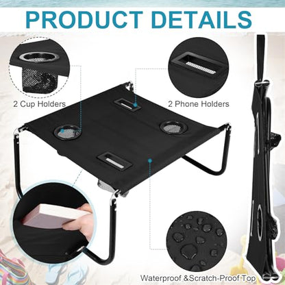 Portable Beach Table Foldable Camping Picnic Table with Cup Holder and Phone Pockets Lightweight Stable for Tailgate Travel Fishing Hiking and Outdoor Adventures(Black,Solid Pattern) - color: Black