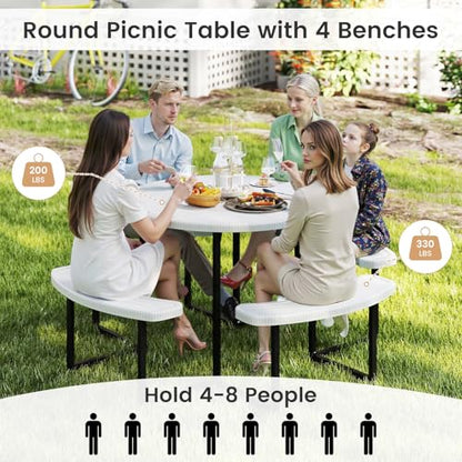 Tangkula 8 Person Picnic Table, HDPE Outdoor Round Table and Bench Set with 4 Built-in Benches, Umbrella Hole, Metal Frame for Garden Yard Patio Lawn - color: White