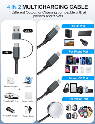 Travel Essentials,Multi Charging Cable for Apple Watch Charger/iPhone Charger/Samsung Charger,USB A & Type C Power Cable for iWatch Ultra/10-2/iPhone 17-11/Samsung S26,Serial Cables,Car[1.2M] - color: 2-Black+Black, size: 1.2M