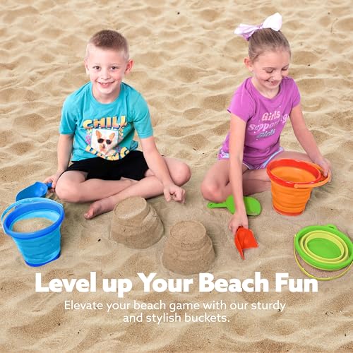 JOYIN 3 Packs Foldable Pail Bucket with Shovels & Mesh Bag, Collapsible Buckets Multi Purpose for Beach, Camping Gear, Beach Party, Fishing, and Fun Summer Activities (Orange/Blue/Green) - color: Orange/Blue/Green