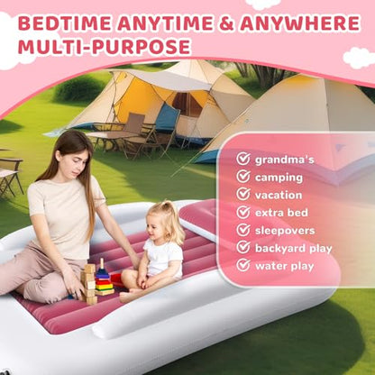 Inflatable Toddler Travel Bed - 60 Inches Portable Toddler Bed for Travel with Safety Sides - Cozy Kids Air Mattress Set with High-Speed Pump & Carry Case - Lightweight & Easy to Inflate(Pink) - color: Pink