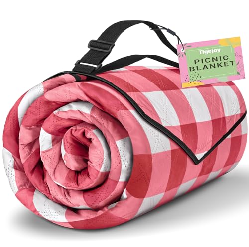 TigeJoy Extra Large Picnic Blanket Waterproof Foldable 80''x80'', Outdoor Picnic Mat Beach Blanket Sandproof for Park, Grass, Travel, Hiking, Camping Essentials, Gingham Picnic Blanket - color: Red, size: 6'8" x 6'8" (Rectangular)