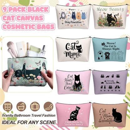 Sanwuta 9 Pcs Black Cat Makeup Bags Bulk Cute Cat Cosmetic Bags 8.7" x 6" Small Canvas Travel Pouches with Zipper Portable Toiletry Organizer Black Cats Lover Gifts for Women Mothers Teacher Nurse - style: Cat
