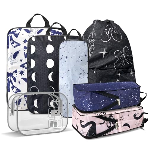 Boho Compression Packing Cubes Set (7 Piece) - Sun Moon Stars Travel Organizer Bags Travel Essential Bag for Clothes Shoes Cosmetics Toiletry - color: Black-11