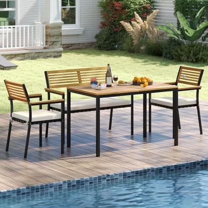 HAPPYGRILL 4-Piece Patio Dining Set, Outdoor Acacia Wood Metal Furniture with Rectangular Table, 2 Armchairs, 1 Loveseat, Removable Cushions, Umbrella Hole, for Poolside Backyard Garden