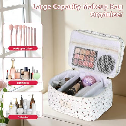 Gosect Makeup bag, Large Cosmetic Bag for Women Girls, Cute Quilted Makeup Bags, Floral Coquette Aesthetic Toiletry Bag, Travel Make Up Organizer Bag (Cherry) - color: Chery