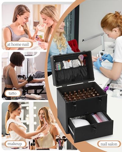 Professional Nail Polish Organizer & Storage Case, Double Layer Travel Nail Supplies Container Holds 96 Bottles & Full Size Nail Lamp, Multi-functional Aluminum Box for Nail Tech, Tattoo & Makeup