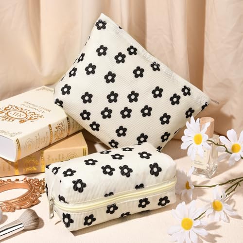 SOIDRAM 2 Pcs Makeup Bag Large Cosmetic Bag Toiletry Bag Makeup Pouch Travel Bag Organizer Cute Makeup Brushes Aesthetic Accessories Storage Bag for Women Black Floral Corduroy - color: Black Floral Corduroy