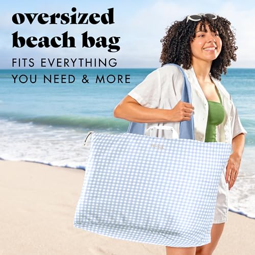 Fit & Fresh XL Beach Tote Bag for Women – XL Travel Tote with Zipper & Pockets, Oversized Canvas Pool Bag, Weekender Carry-On - color: Blue Gingham