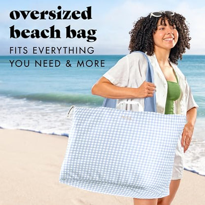 Fit & Fresh XL Beach Tote Bag for Women – XL Travel Tote with Zipper & Pockets, Oversized Canvas Pool Bag, Weekender Carry-On - color: Blue Gingham