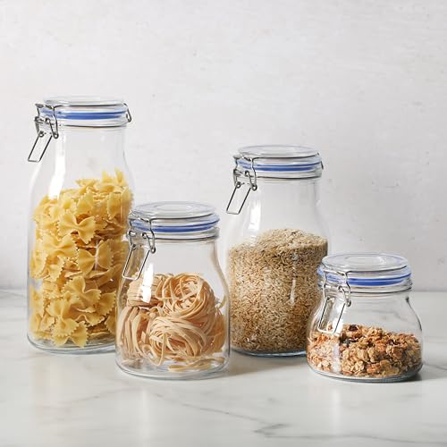 Sur La Table Lyon Court 4-Piece Glass Canister Set with Airtight Trigger Clamp Lids, Clear – 71 oz, 54 oz, 37 oz & 22.5 oz Sizes, Rubber Gasket Seal, Dishwasher Safe Food Storage Jars - size: Set of 4 (71 oz, 54 oz, 37 oz & 22.5 oz)