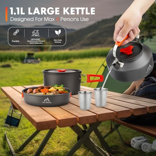 THTYBROS 17pcs Camping Cookware Kit, 0.45Gal Pot, 7inches Pan,0.30Gal Kettle Set with 2 Set Stainless Steel Cups Plates Forks Knives Spoons for Hiking - size: 17 PCS without Stove
