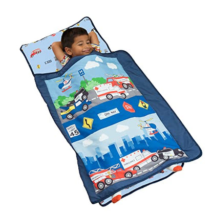 EVERYDAY KIDS Toddler Nap Mat with Removable Pillow -Fire Police Rescue- Carry Handle Fastening Straps Closure, Rollup Design, Soft Microfiber for Preschool, Daycare, Sleeping Bag -Ages 2-6 Years - color: Fire Police Rescue