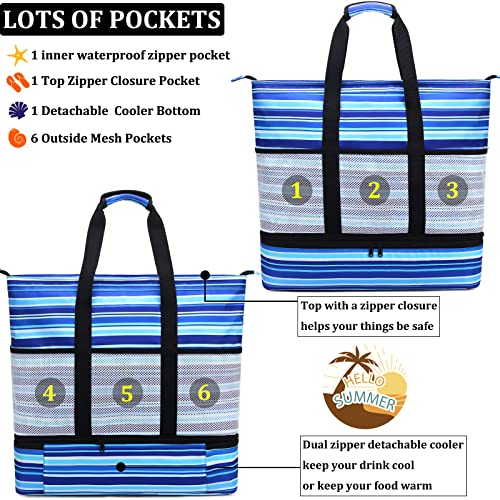 JIANYA Beach Bag Women Waterproof Sandproof Beach Tote Bags with Cooler Top Zipper Large Totes for Pool Travel Daily - color: Small Stripes Pink
