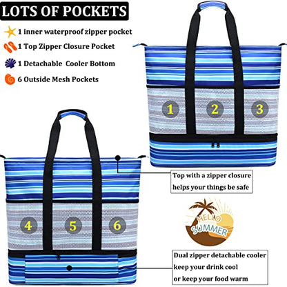 JIANYA Beach Bag Women Waterproof Sandproof Beach Tote Bags with Cooler Top Zipper Large Totes for Pool Travel Daily - color: Small Stripes Pink