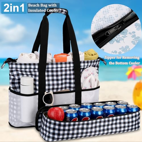 JIANYA Beach Bag Women Waterproof Sandproof Beach Tote Bags with Cooler Top Zipper Large Totes for Pool Travel Daily - color: Black Checked Pattern