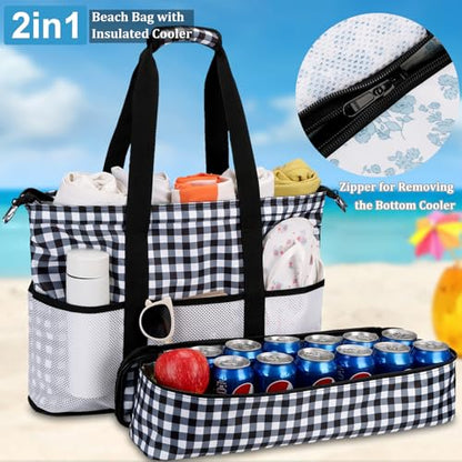 JIANYA Beach Bag Women Waterproof Sandproof Beach Tote Bags with Cooler Top Zipper Large Totes for Pool Travel Daily - color: Black Checked Pattern