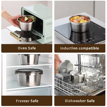 316L Stainless Steel Food Storage Containers with Lids, 11.5oz/20oz 34oz/71oz Airtight Metal Meal Prep Containers,Bento Lunch Box for Kitchen, Picnic & Camping（340 ml/600 ml/1000 ml/2100 ml）