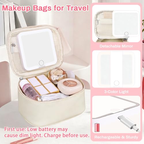 Mini Makeup Bag with Led Mirror, Small Cosmetic Bag with 3 Light Modes Adjustable Brightness, Rechargeable Portable Makeup Pouch with Handle, for Pool Parties丨Work Touch-Ups, Beige