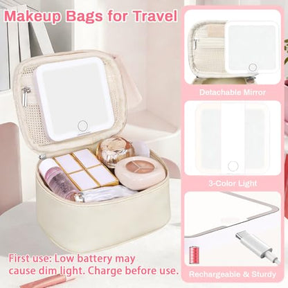 Mini Makeup Bag with Led Mirror, Small Cosmetic Bag with 3 Light Modes Adjustable Brightness, Rechargeable Portable Makeup Pouch with Handle, for Pool Parties丨Work Touch-Ups, Beige