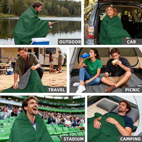Large Outdoor Waterproof Blanket Extra Thick Fleece Stadium Blanket for Camping, Car, Pet, Picnics - Windproof, Wearable, Machine Washable 80" x 58" (Green,Hooded) - color: Hooded-green