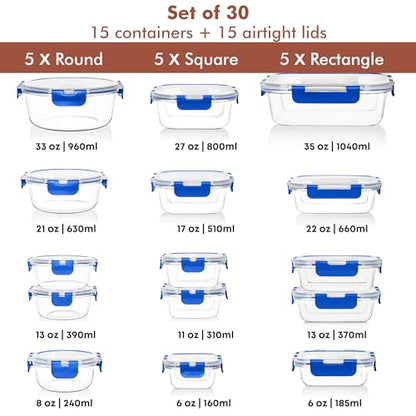 Razab 30 PC Glass Food Storage Containers with Lids - Reusable Glass Meal Prep Containers for Lunch and Leftovers - Airtight & Leakproof Snap Locking Lids - Oven, Freezer, Microwave, Dishwasher Safe - color: Blue