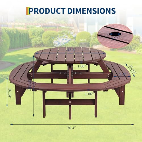 Garvee 8 Person Wooden Picnic Table, Outdoor Picnic Tables with 4 Built-in Benches, Circular Camping Dining Table and Chairs Set with Umbrella Hole for Garden, Patio, Backyard, Walnut Brown