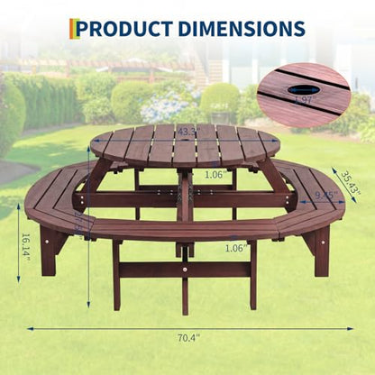 Garvee 8 Person Wooden Picnic Table, Outdoor Picnic Tables with 4 Built-in Benches, Circular Camping Dining Table and Chairs Set with Umbrella Hole for Garden, Patio, Backyard, Walnut Brown