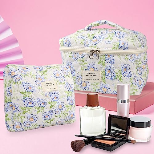 NATINSA Cute Makeup Bag for Women(2 Pcs), Travel Cosmetic Bags, Quilted Coquette Aesthetic Floral Toiletry Organizer Bag (Blue Flower) - color: Blue Flower