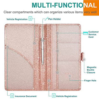 RSAquar Car Registration & Insurance Holder, Vehicle Glove Box Organizer, Cool Accessories for ID, Driver License Cards & Essential Documents, Glitter Rose Gold - color: Glitter Rose Gold