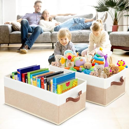 Closet Organizer Bins 3 Pack, Large Storage Bins for Shelves, Foldable Closet Storage Boxes Baskets with Leather Handles for Organizing Clothes, Sheets, Jeans, Toys, Books（Begie） - style: 3 Pack Begie & White