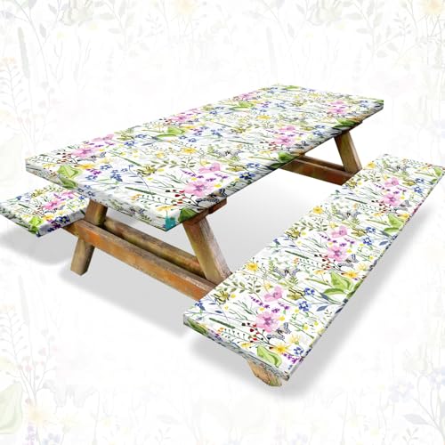 Boao 3 Pcs Vinyl Picnic Table Cover with Bench Cover 6 ft 30 x 72 Inch Waterproof Fitted Tablecloth Flannel Backing Rectangular Elastic Edged for Camping Outdoor Patio Travel(Wildflower) - color: Wildflower