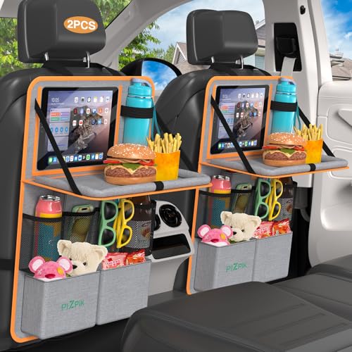 Plzpik Car Backseat Organizer with Tablet Holder,11 Storage Pockets with Foldable Food Tray, Protector Kick Mats for Kids, Travel Accessories Organizer (Orange, 2Pack) - color: Orange, size: 2pack