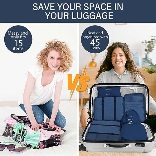 KPX 8 Set Packing Cubes for Travel, Luggage Packing Organizers Accessories Large Toiletries Bag for Clothes Shoes Cosmetics (Navy Blue) - color: 8Set-Navy Blue