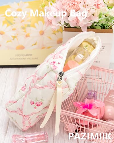 PAZIMIIK Quilted Makeup Bag Large Travel Zipper Soft Cosmetic Pouch for Women Girls Make Up,Bow Rose - color: Bow Rose, size: 1 PCS Pouch