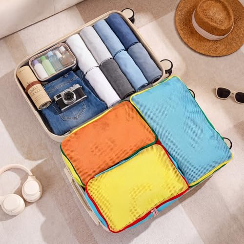 SATINIOR 3 Pcs Colorful Packing Cube 1 Large 13.7 x 7.8 x 5.7 and 2 Small 11 x 7.5 x 5.7 Nylon travel Mesh Storage Bag Zippered Waterproof for Summer Camp Luggage organize