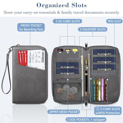 Fintie Family Passport Holder Wallet, RFID Blocking Travel Document Organizer Clutch Bag Credit Cards Case Cover for Women Men - color: Gray
