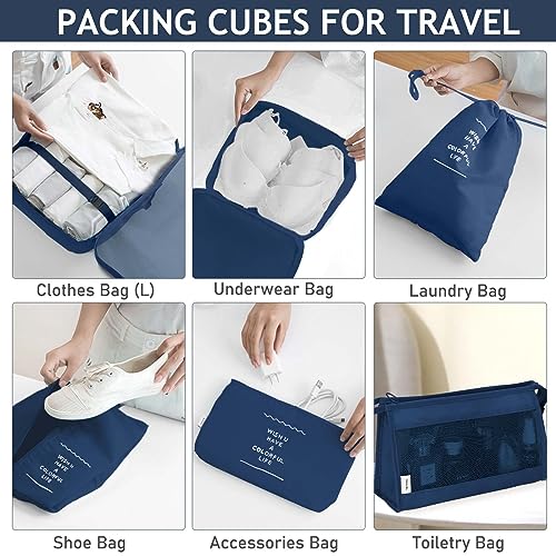 KPX 8 Set Packing Cubes for Travel, Luggage Packing Organizers Accessories Large Toiletries Bag for Clothes Shoes Cosmetics (Navy Blue) - color: 8Set-Navy Blue