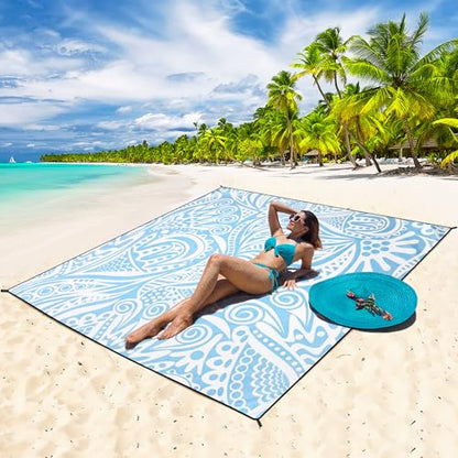 HIHOHO Beach Blanket, Flower Ripple-BL, 79"×83" (4 Person) | Waterproof Sandproof, Quick Drying, Durable, For 1-8 Adults, Beach Festival Travel Camping Hiking - color: Flower Ripple-bl, size: 6'11" x 6'7"
