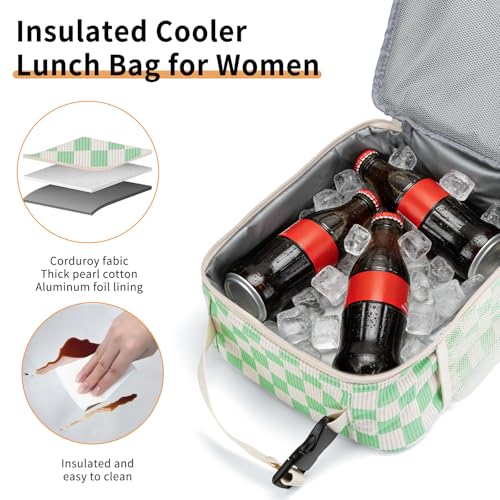 Lunch Box for Women Men Adult Insulated Lunch Bag Women Men Small Reusable Lunchbox for Work Picnic Travel (Beige-Light Green Plaid) - color: Beige-Light Green Plaid