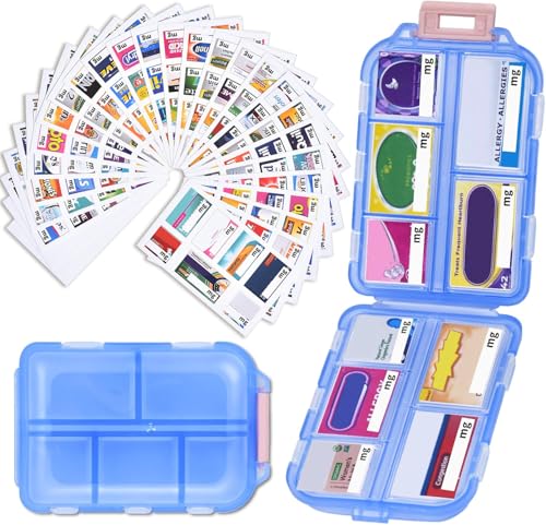 Travel Pill Organizer with 189 Medicine Labels, 10 Compartments Small Pill Case Compact and Portable Travel Pill Box for Airplane Car Purse Nurse Vacation Essentials (Blue, 1 Pack) - color: Blue, size: Standard