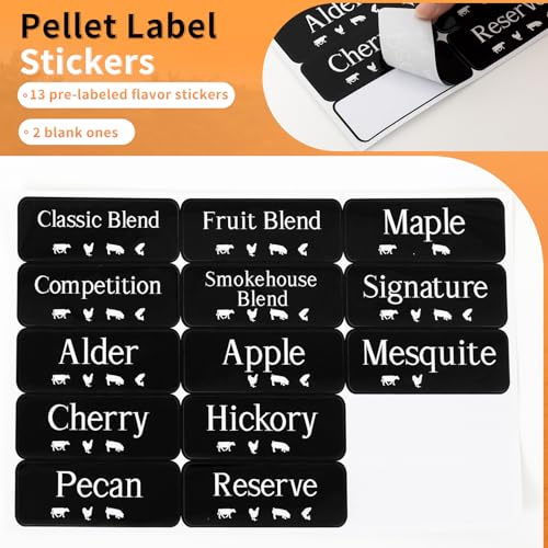 Maxdot 3 Sets 22lb Dry Pellet Storage Bin Kit with wheels, Scoops and Labels Grill Accessories Wood Pellet Storage Containers with Flavor Stickers Airtight for Grill Pellets