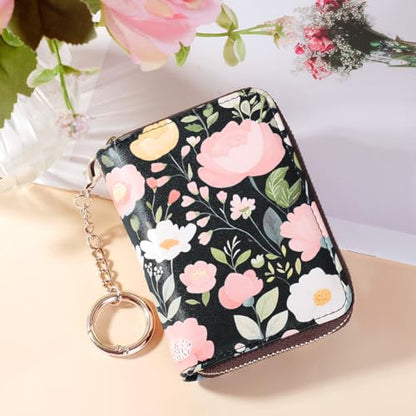 FurArt Zipper Wallet Women, RFID Blocking Credit Card Wallet, Business Card Holder, Compact Size KeyChain Wallet - color: Artistic Flower