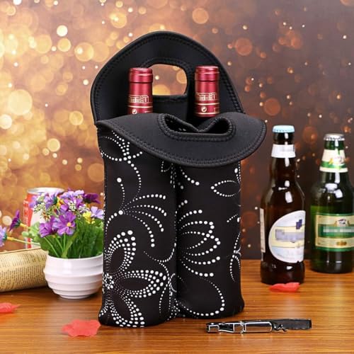 Hipiwe Wine Carrier Tote Bag Two Bottle Insulated Neoprene Wine/Water Bottle Holder for Travel with Secure Carry Handle (Black) - style: Black